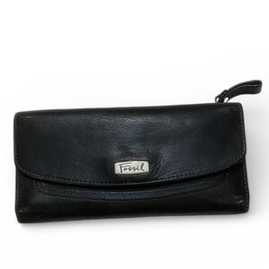 Fossil Bifold Black Leather Women's Clutch Wallet Card Slots & Zipper Pocket